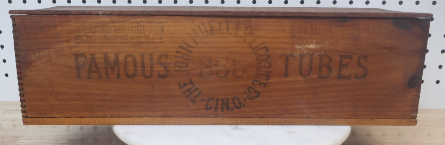 Antique Original John Mueller Licorice 17″ Long Wooden Advertising Candy Crate