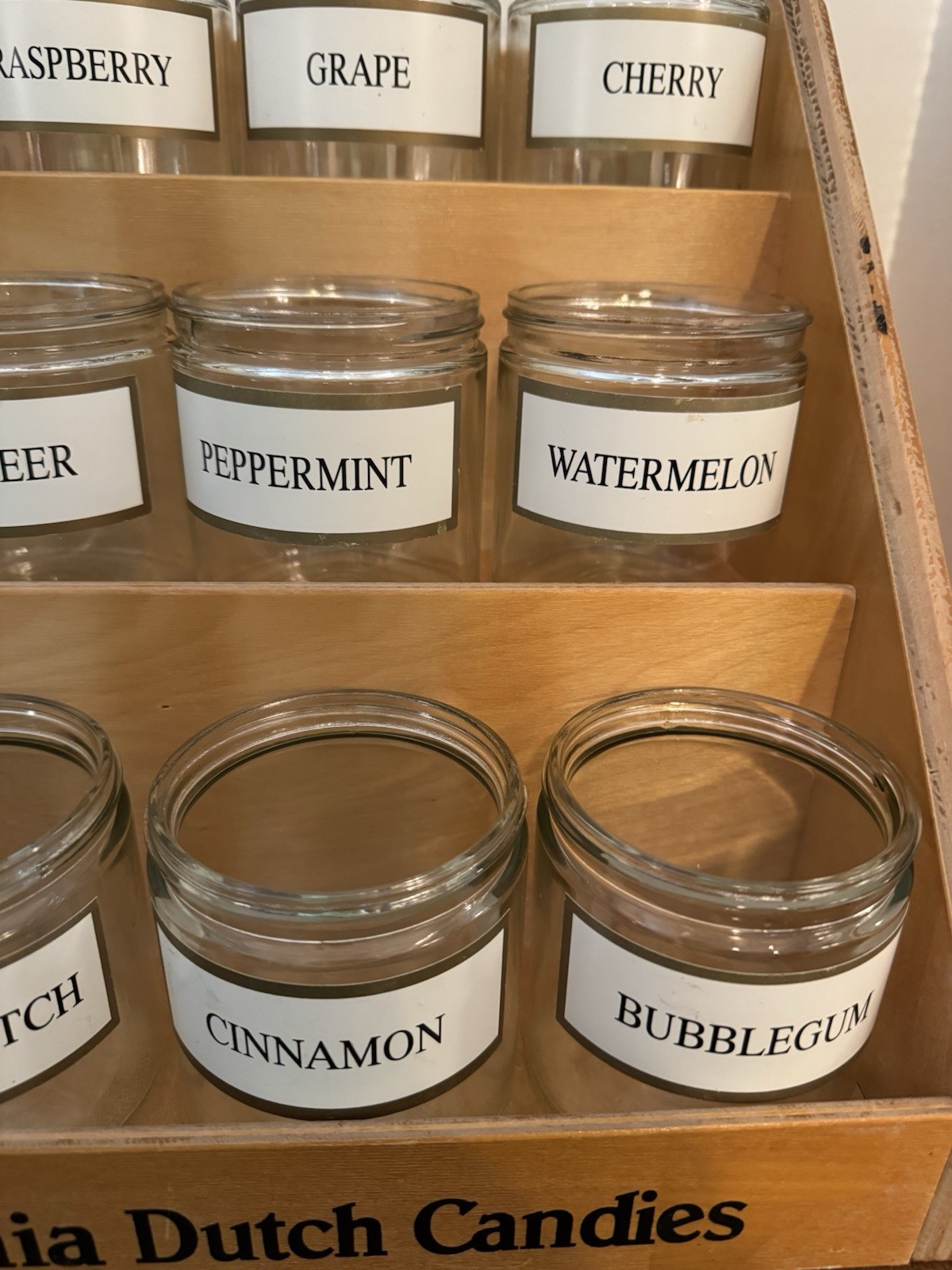 Vtg Pennsylvania Dutch Country Store Candy Counter 3 Shelf Wood & Jars Display