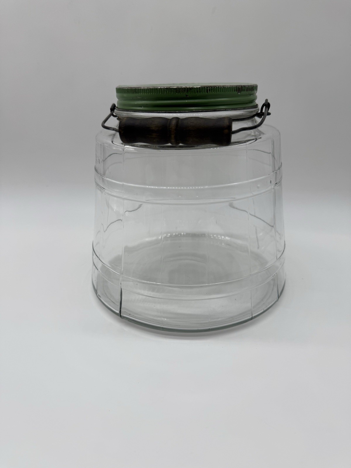 Antique Hoosier Glass Banded Barrel Shape Pickle Jar W/ Lid Bail Wooden Handle