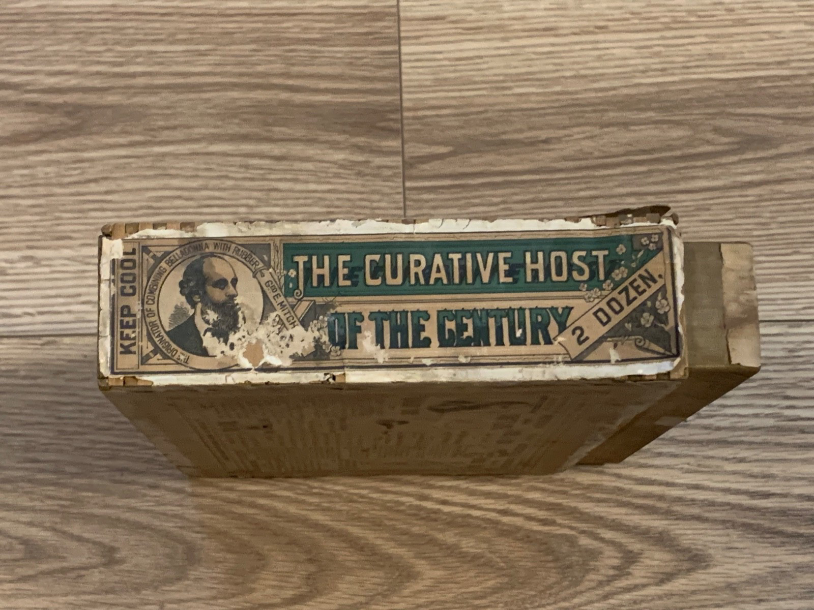 Late 1800s Mitchell’s Perforated Plaster Wood Advertising Drawer Box Drugstore