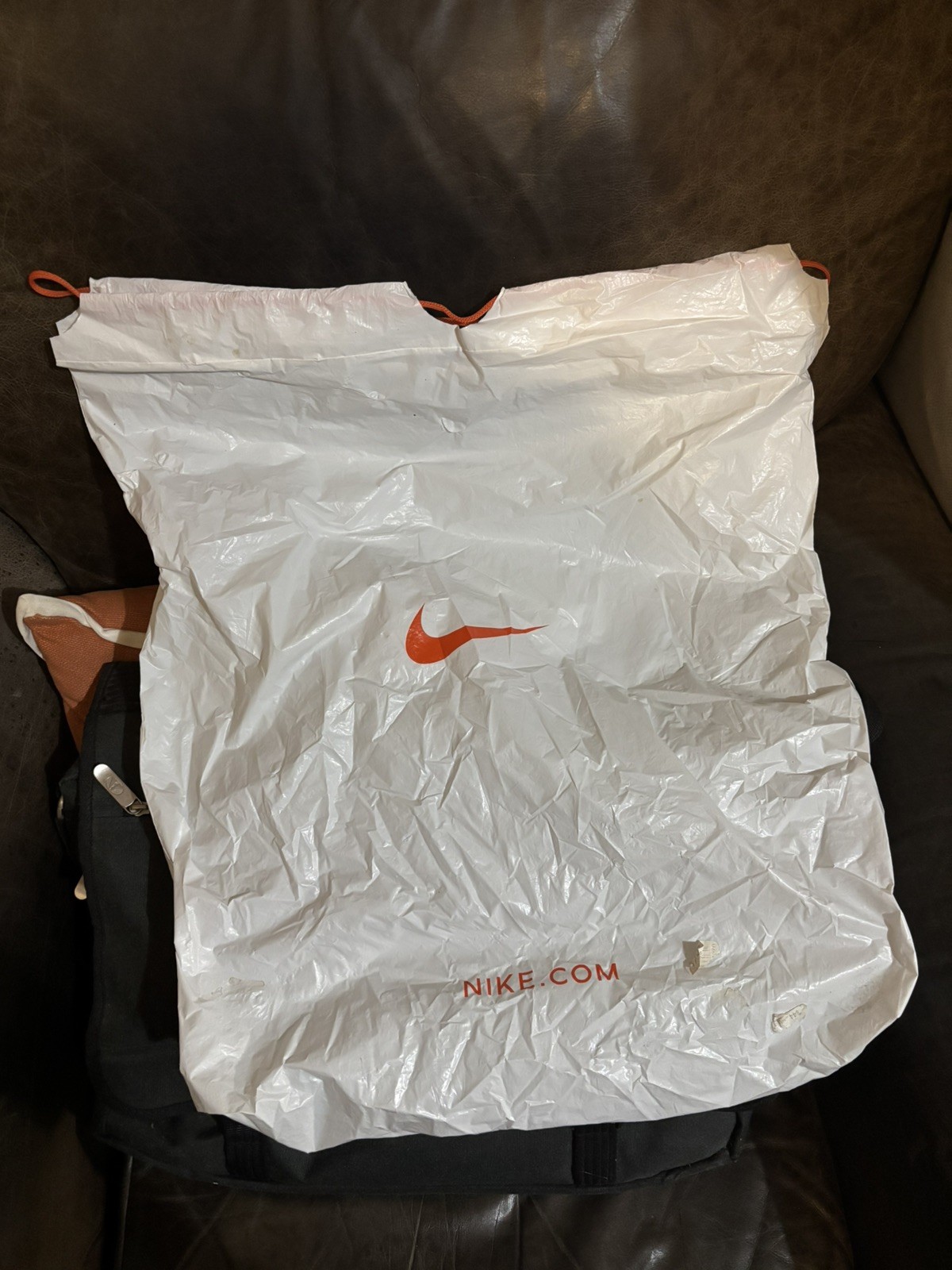 Vintage – 1990s NIKE Advertising Retail White Poly Orange Drawstring Bag 18”x 22