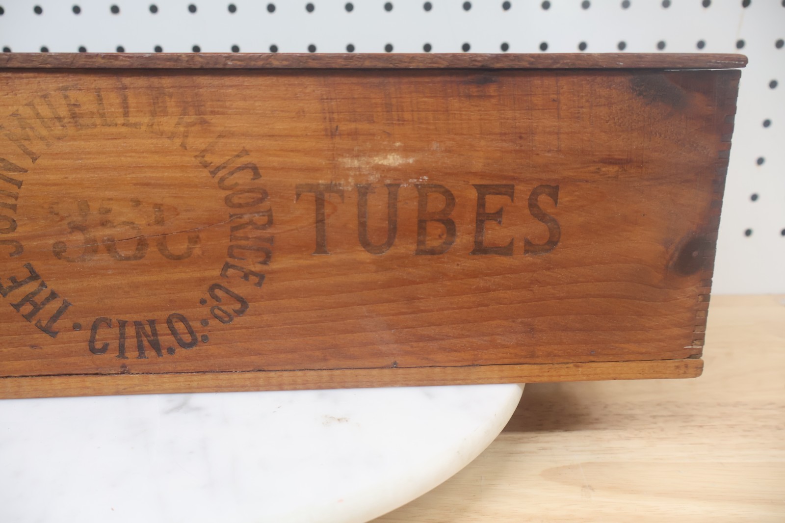 Antique Original John Mueller Licorice 17″ Long Wooden Advertising Candy Crate