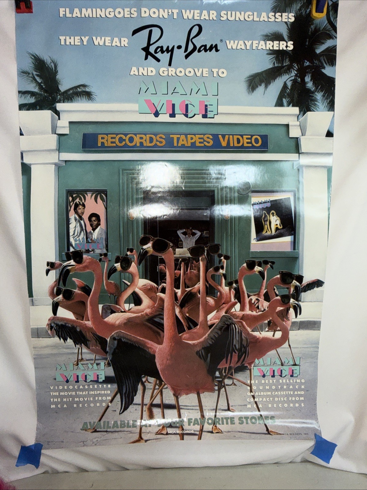 Rare 1980s Ray-Ban Wayfarer Poster Pink Flamingos Miami Vice Store Display Retro