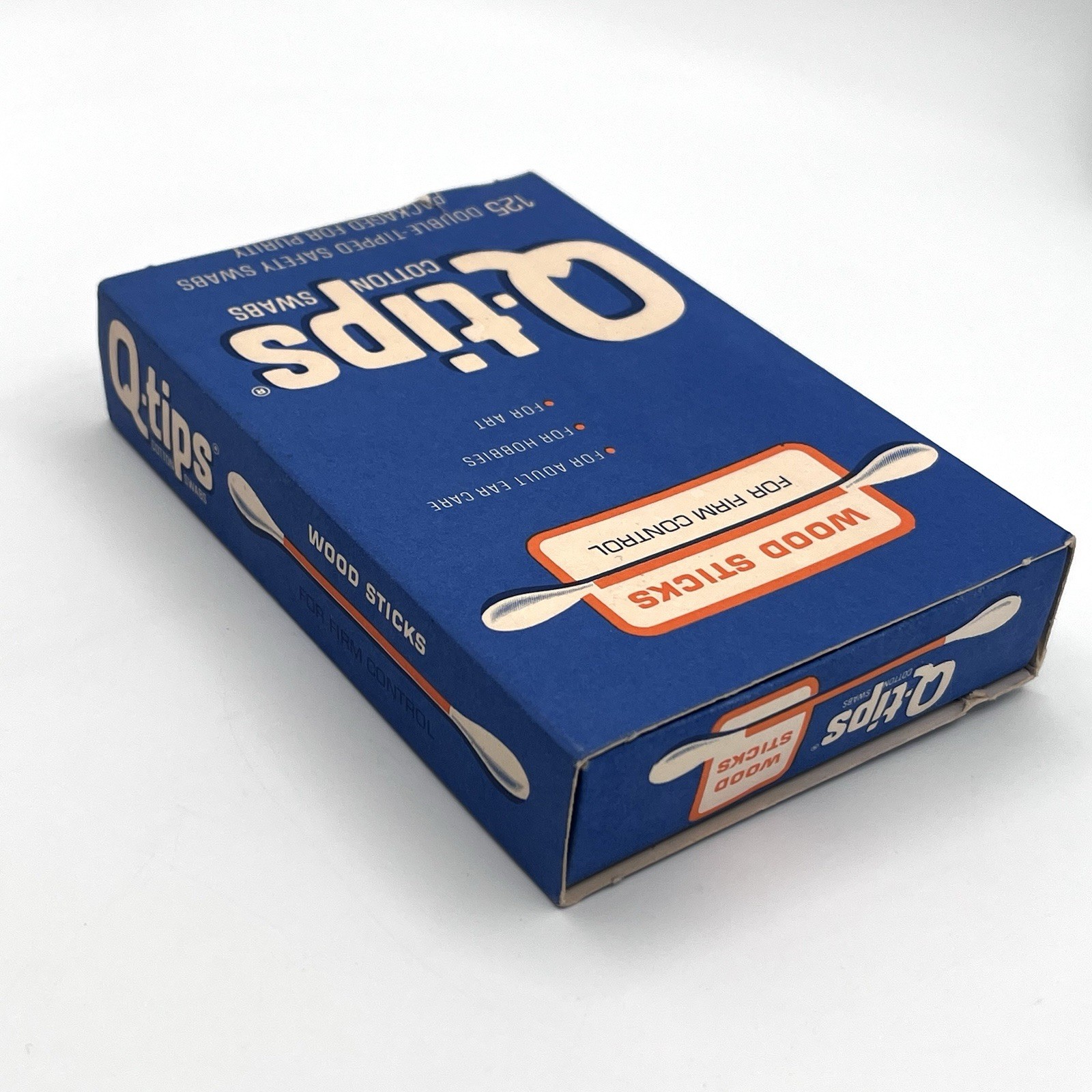 Vintage Q Tips 1960s Wood Packaging Blue Retro Graphic Box Bathroom Prop EMPTY