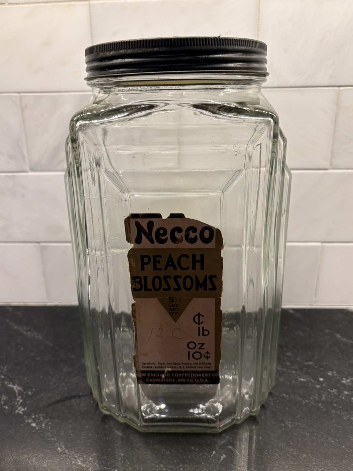 Vintage Necco Peach Blossom Art Deco Glass Candy Jar (store display) with lid