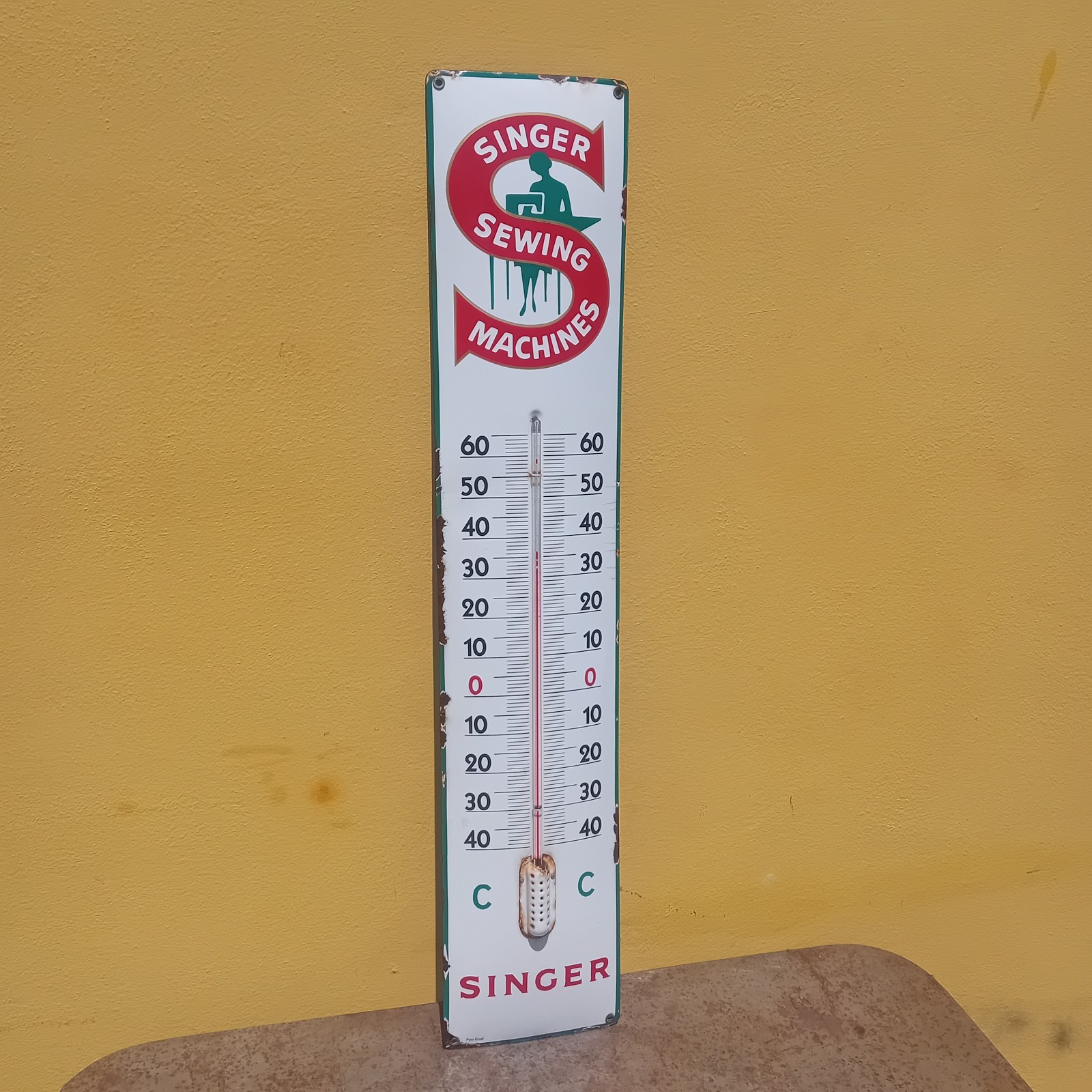 Singer Enamel Thermometer Table Sign