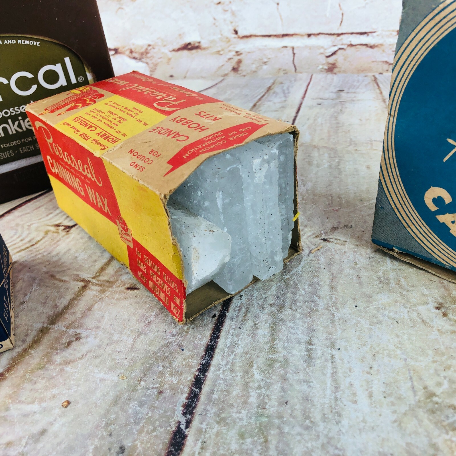 vtg advertising boxes tooth picks wax candles and Klenex Ktichen decor
