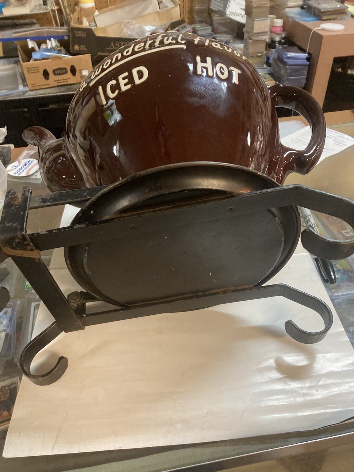 Large Banquet Tea Store Display With Rare Original Metal Bottom Easel Lid Broke