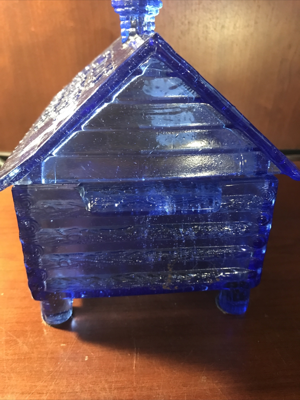 Lutted’s S.P. Couph Drops Cobalt Blue Glass Log Cabin Candy Dish Vintage