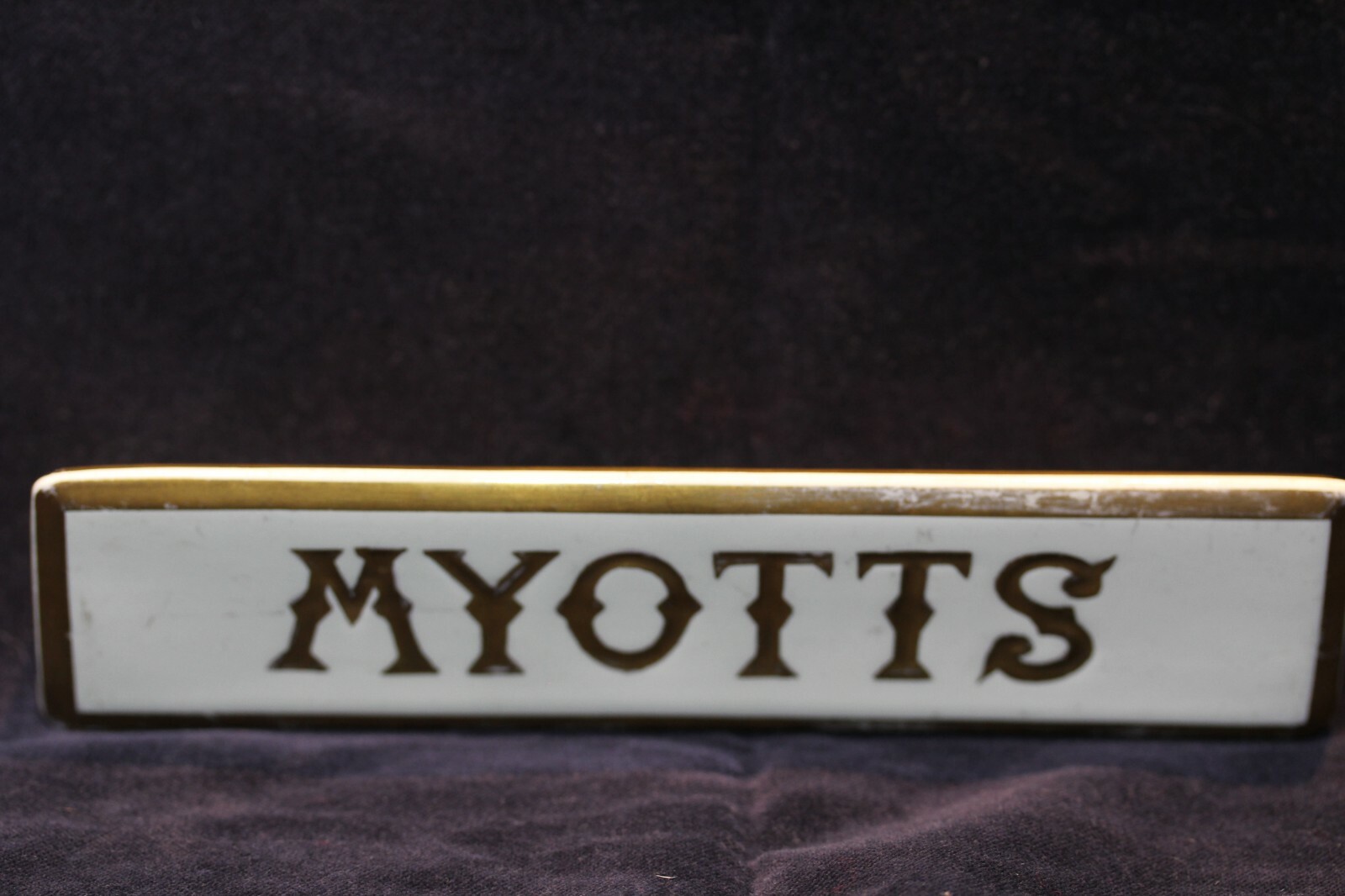 Myotts China Store Retail signage POS plaque Bone china – gold writing and edge