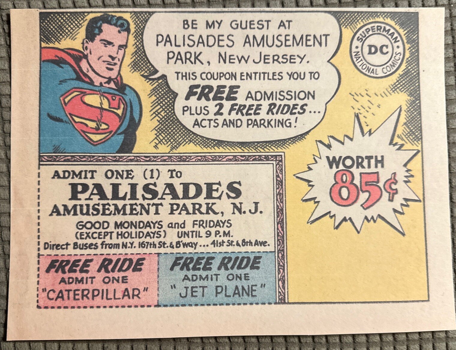 Vintage 1960s Advertising Sign SUPERMAN DC PALISADES AMUSEMENT PARK N J & 2 Tkts