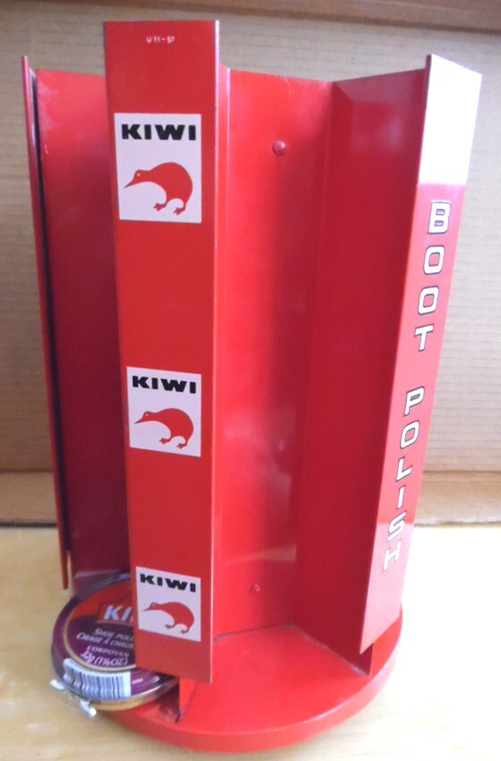 2 Vintage Store Display KIWI Shoe Polish Shoe Shine Metal Racks, red one rotates