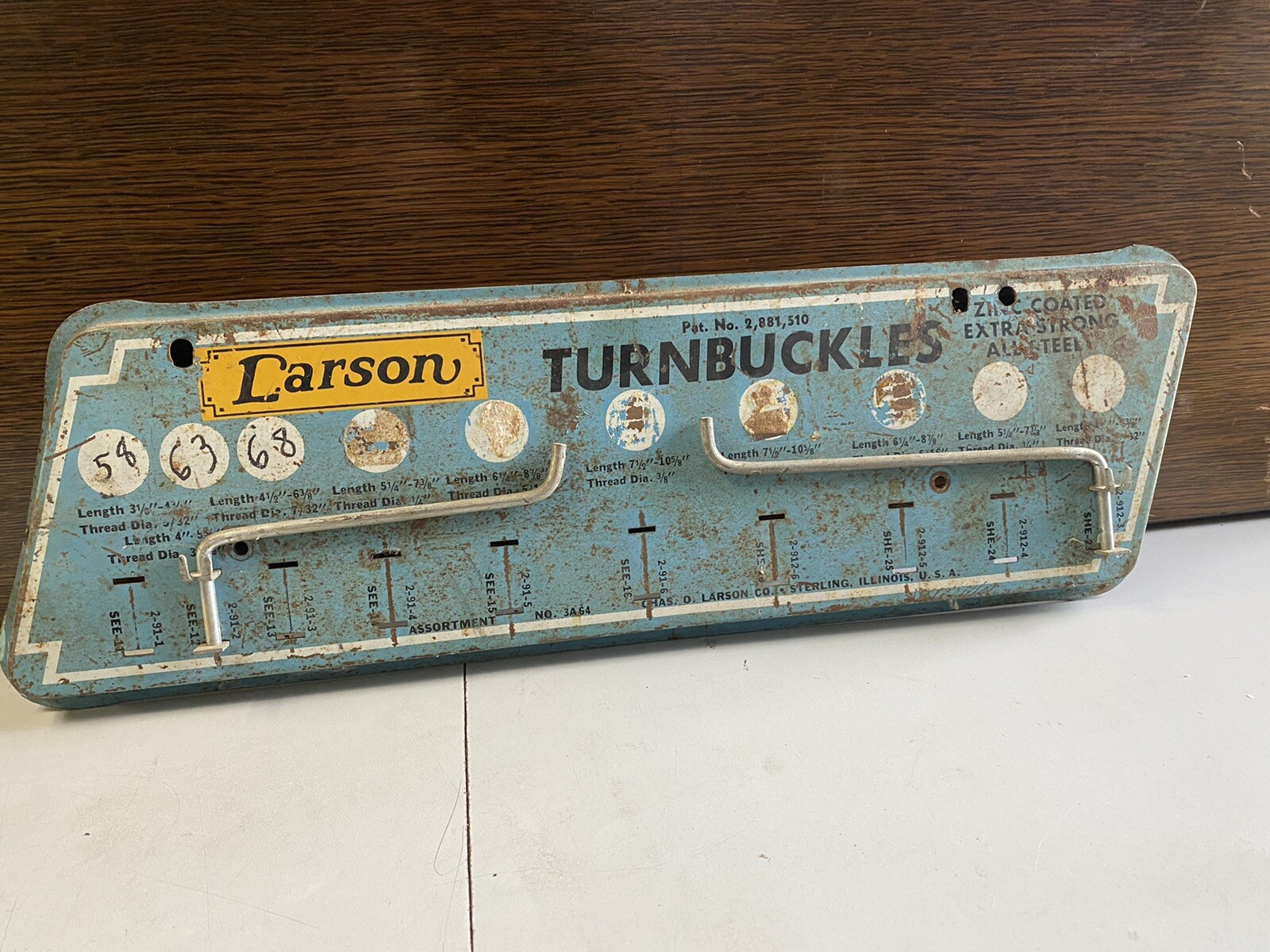 Vintage Chas. O. Larson Co. Turnbuckles Metal Rack Hardware Store Display