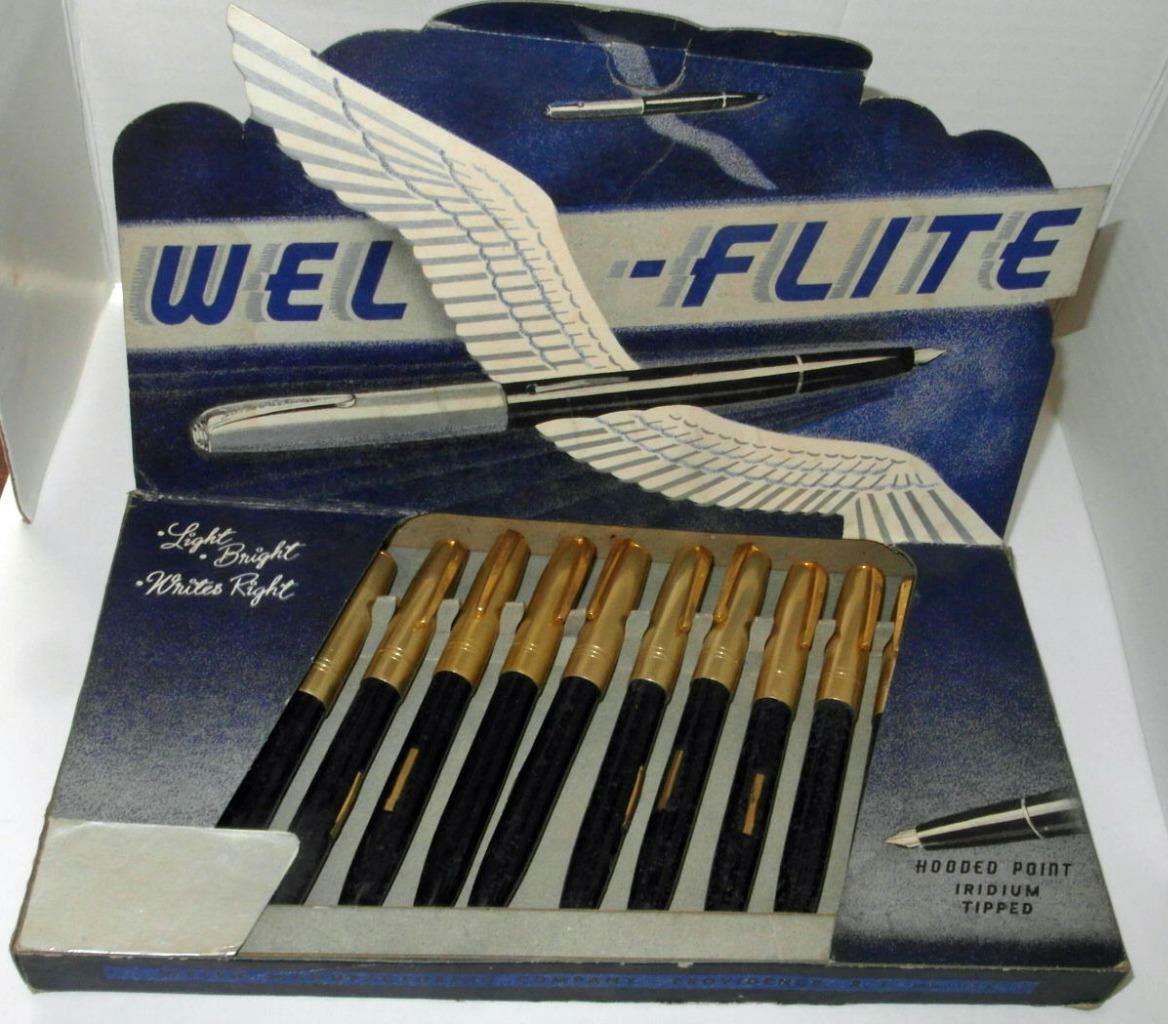 VINTAGE WEL(SH)-FLITE POINT OF SALE STORE DISPLAY WITH 12 WELSH CO FOUNTAIN PENS