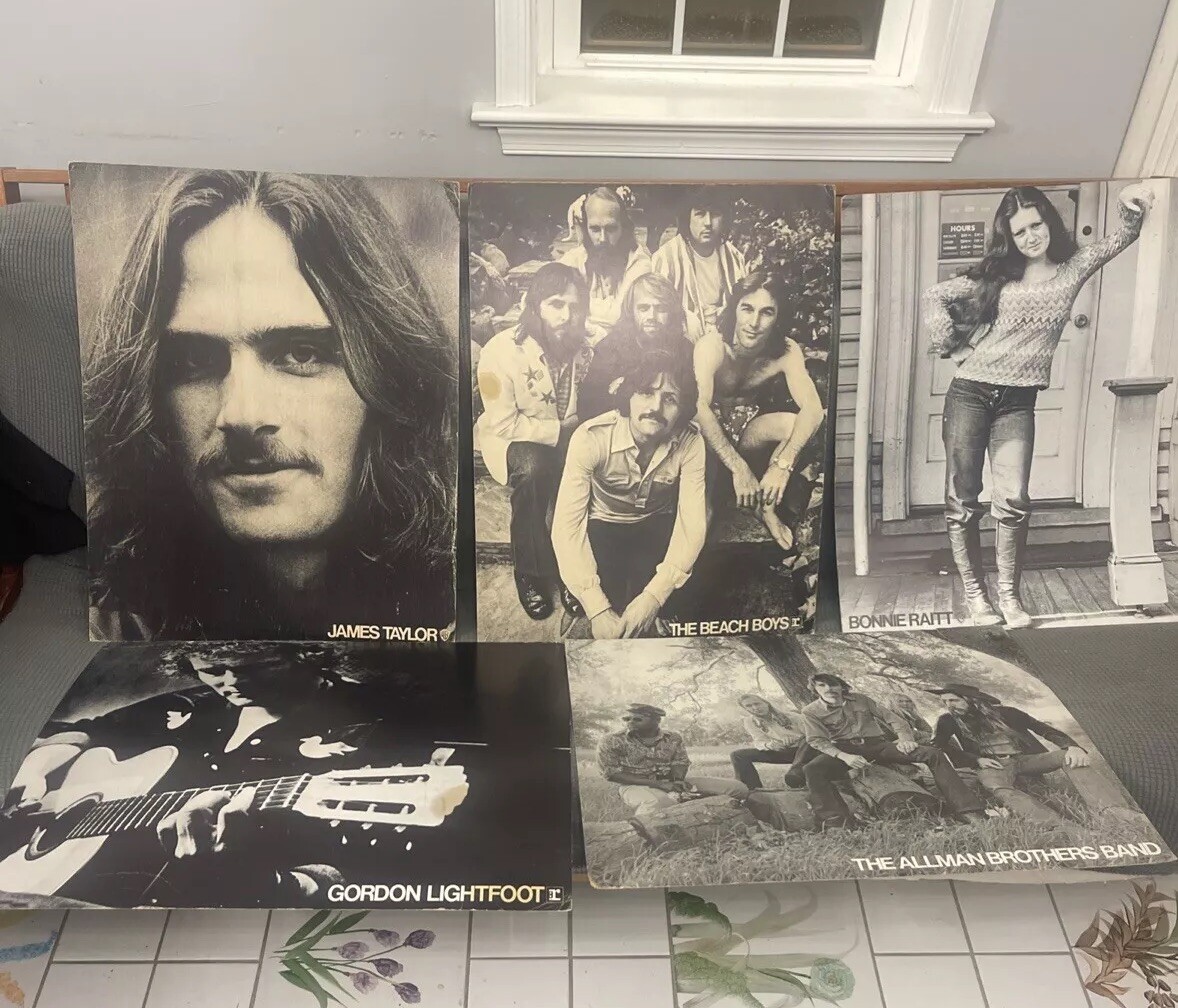 5 Vintage Rock Promo Signs, Posters Cardboard Stock Beach Boys, Allman Bros Etc