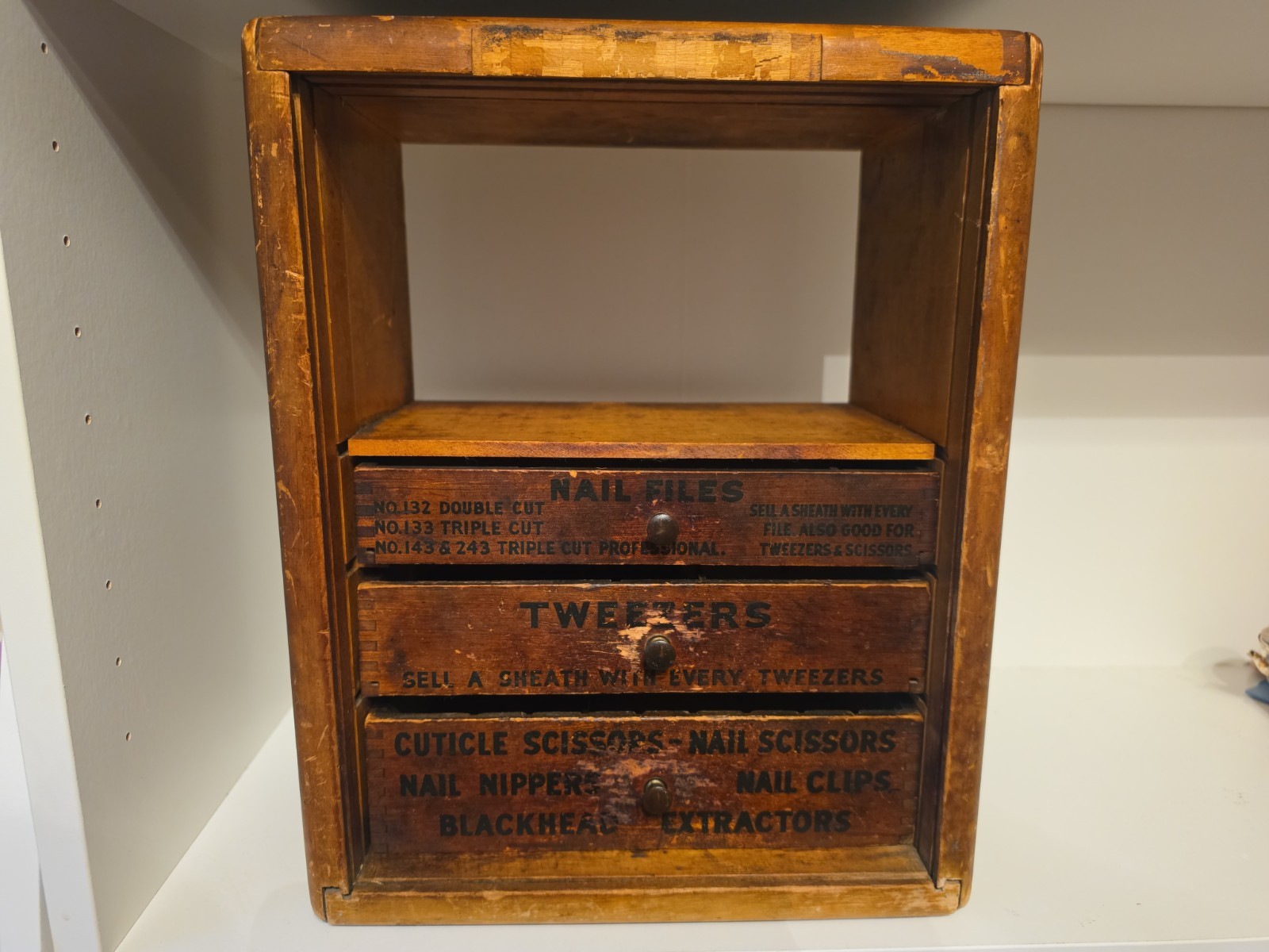 Vtg La Cross Beauty Shop Wood Drugstore Display Cabinet Manicure Tools READ