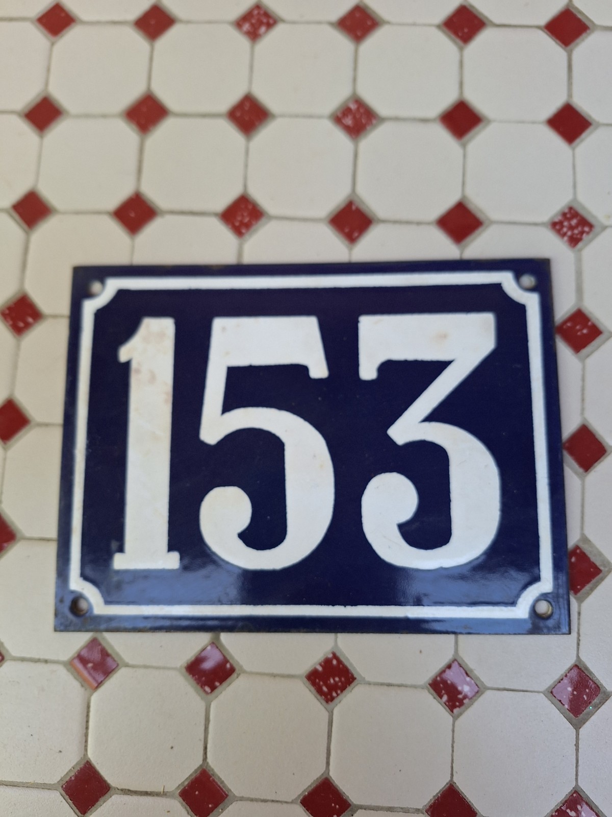 Large Antique Enameled Plaque Street Number 153 20X15cm Navy Blue Enamel