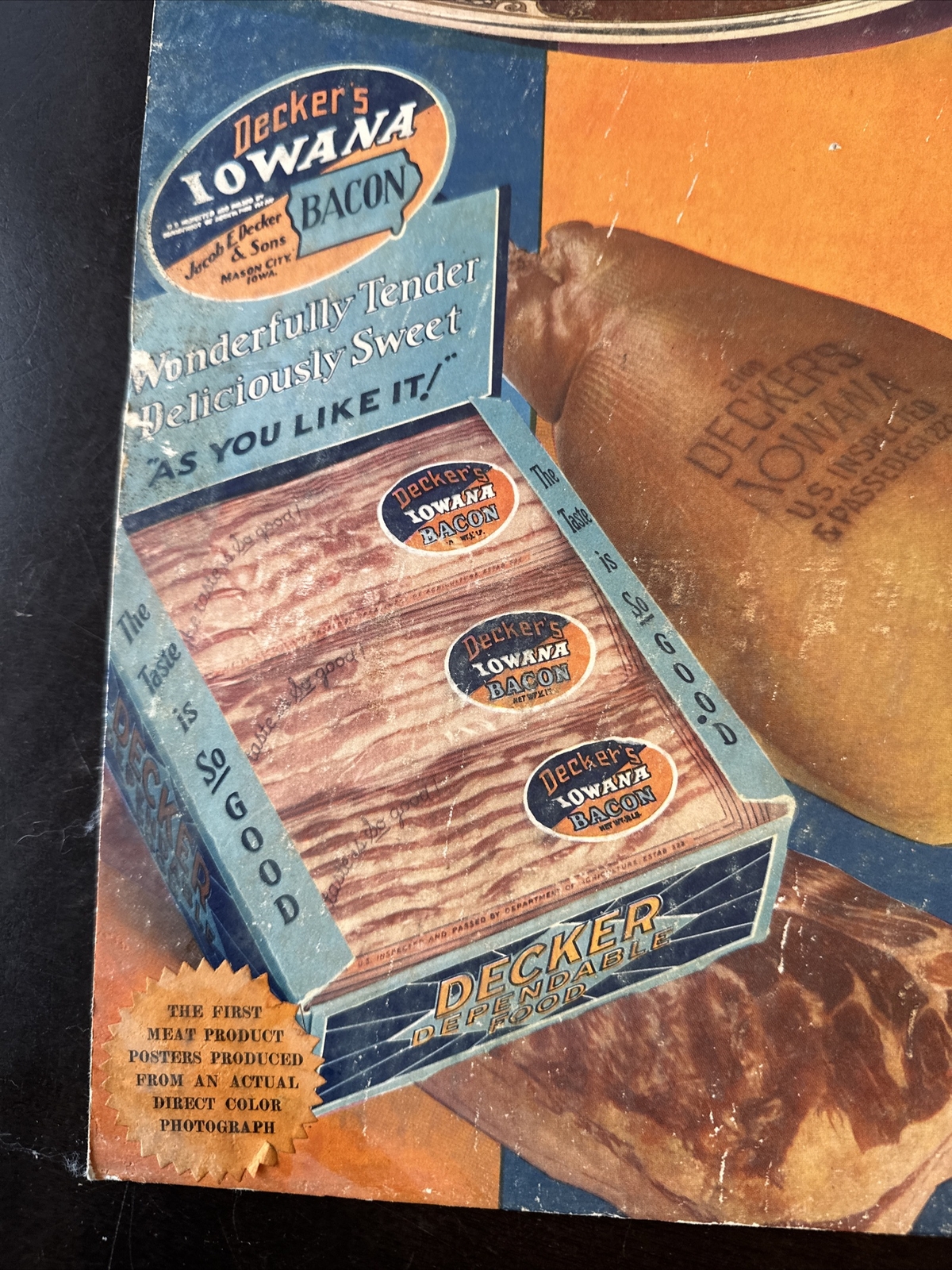 Vintage Decker’s Iowana Ham And Bacon Sign NRA Rare Antique Store Display Sign