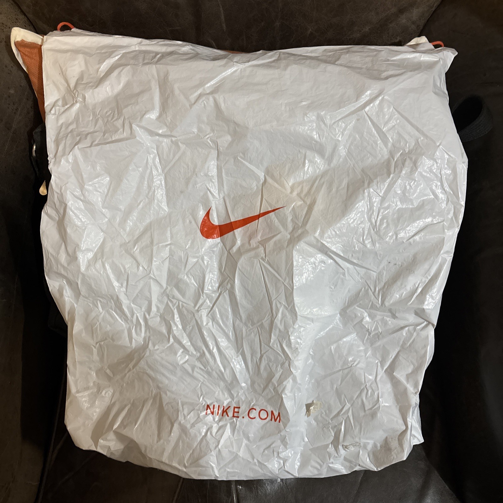 Vintage – 1990s NIKE Advertising Retail White Poly Orange Drawstring Bag 18”x 22