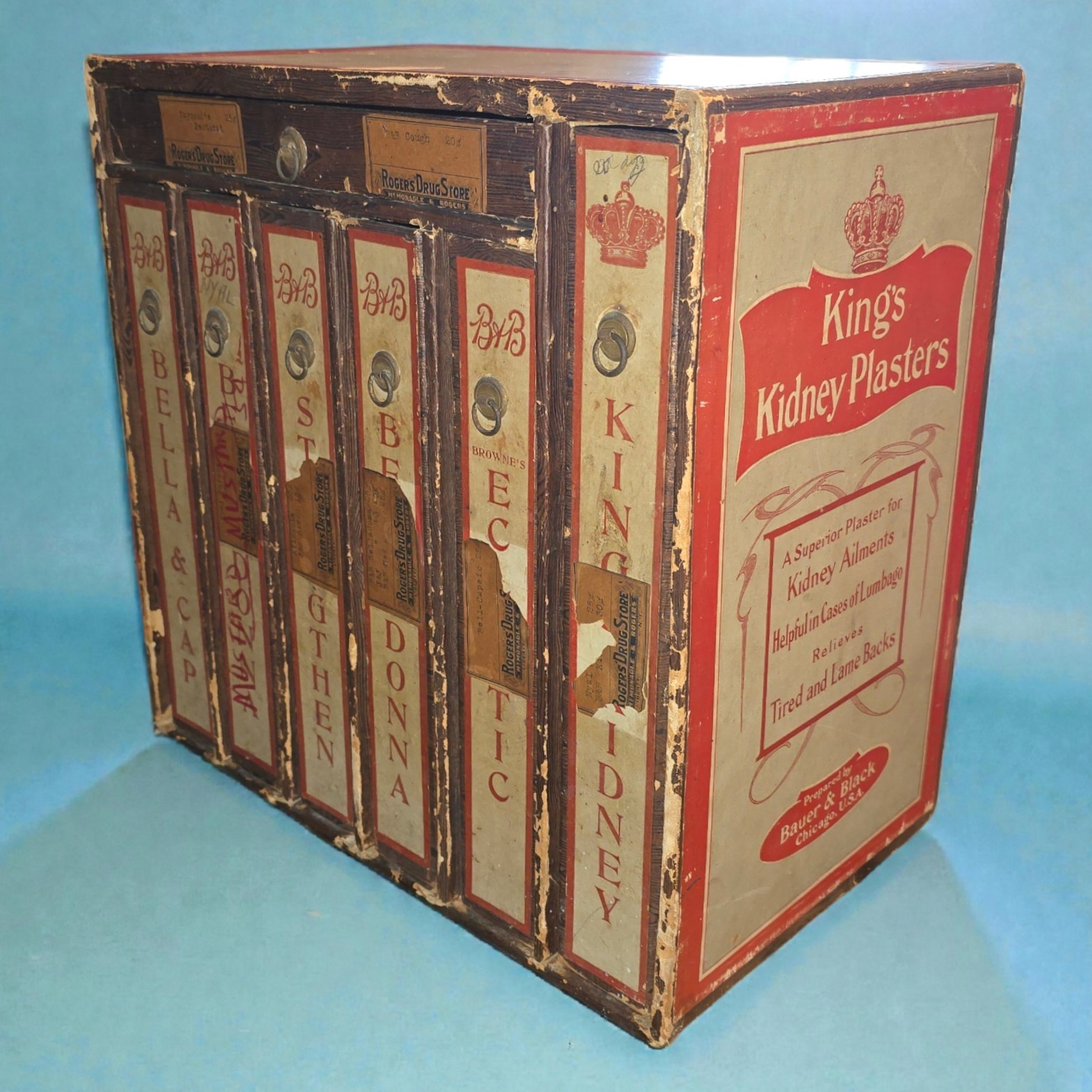 Antique Bauer & Black Belladonna Plasters Store RX Counter Display Cabinet