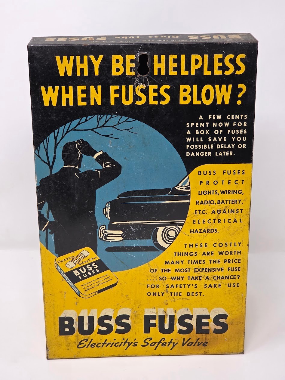 Vintage Buss Glass Tube Fuses Metal Counter Display Rack Advertising Sign
