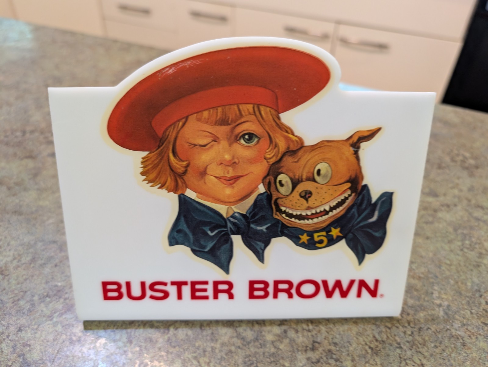 Vtg Buster Brown Shoes Counter Top Advertising Plastic Sign Display 6.5×7.5″