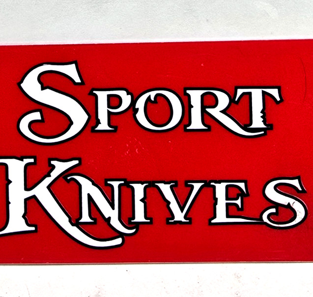 Sport Knives Small Plastic Advertising Display Sign Red & White 7 1/8″ X 3 1/8″