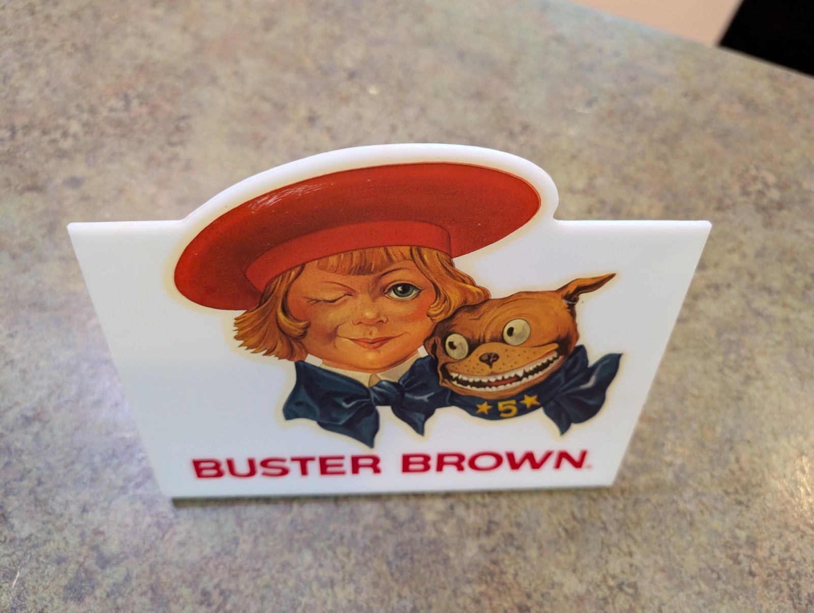 Vtg Buster Brown Shoes Counter Top Advertising Plastic Sign Display 6.5×7.5″
