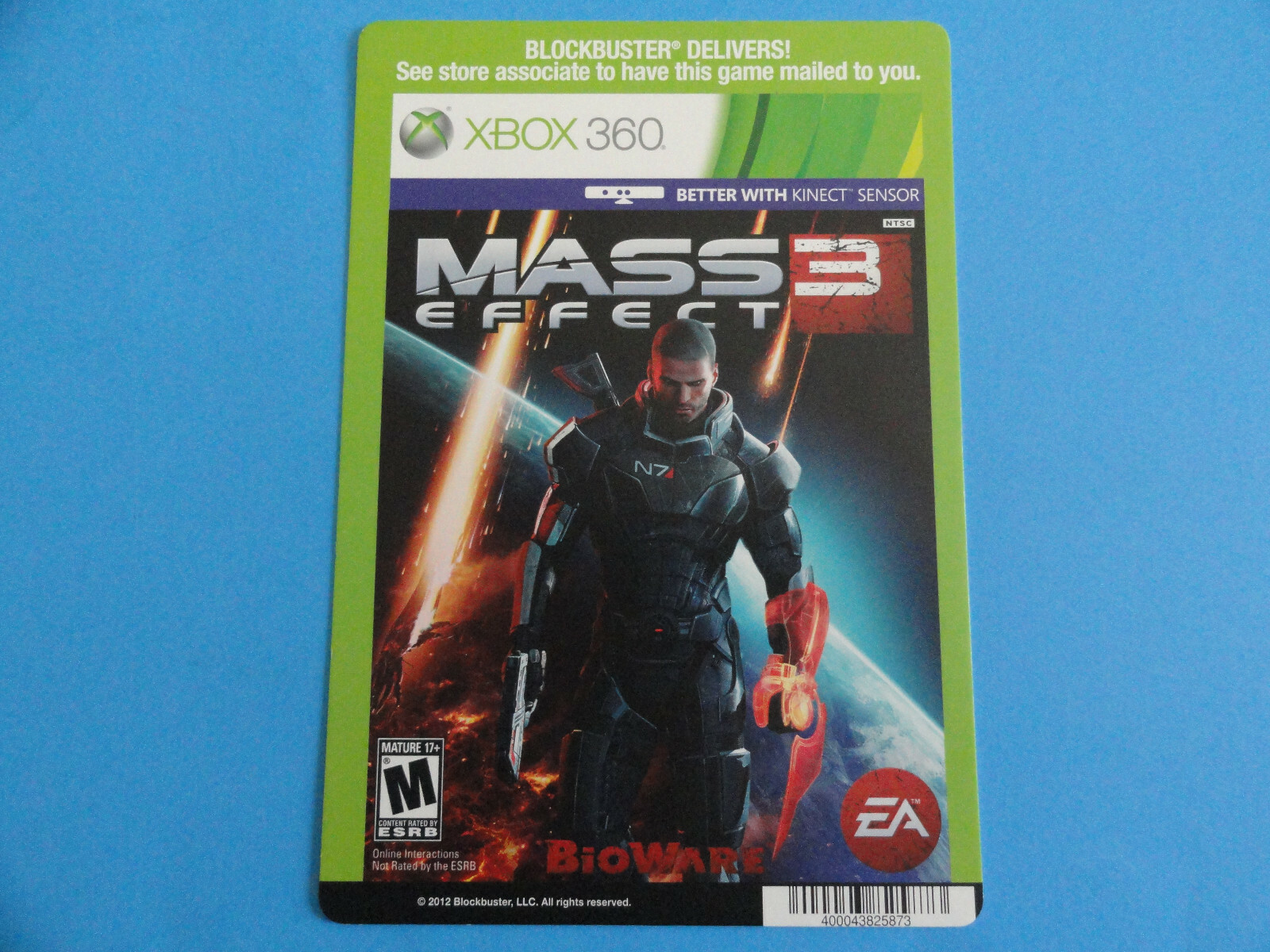 XBOX 360 MASS EFFECT 3 BLOCKBUSTER VIDEO BACKER CARD 5″X8″ NO GAME