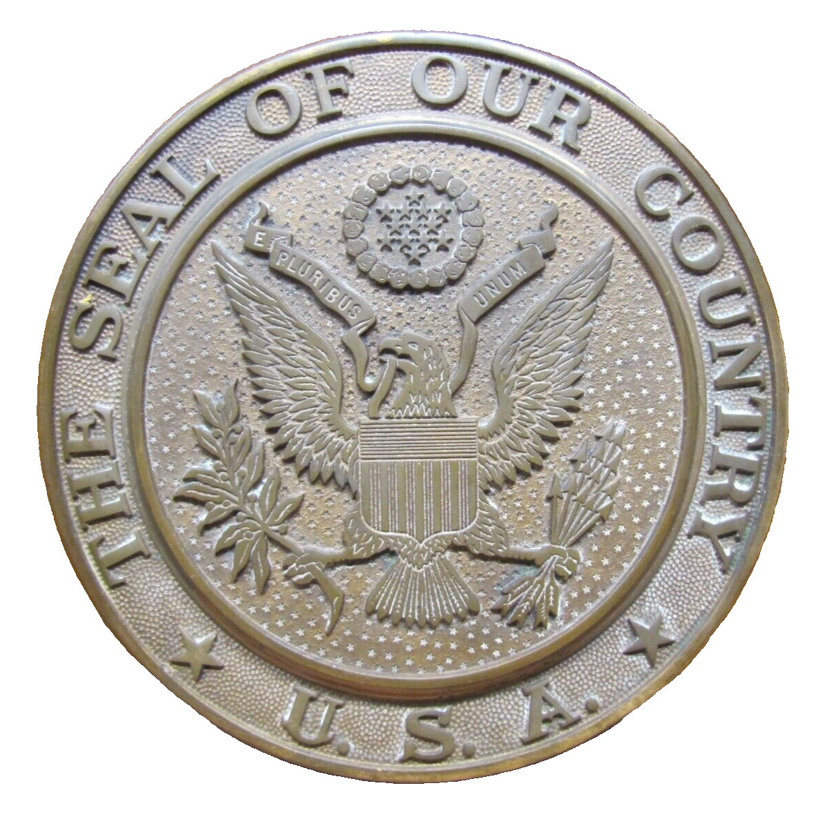 THE SEAL OF OUR COUNTRY USA Brass Plaque Medallion Ad Sign Spread Winged Eagle