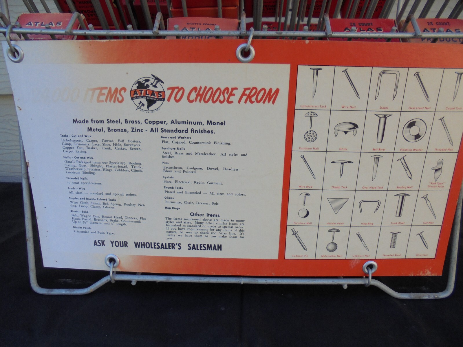 Atlas Tack And Nail Countertop Display Rack Metal Advertising Sign & Nails Tacks