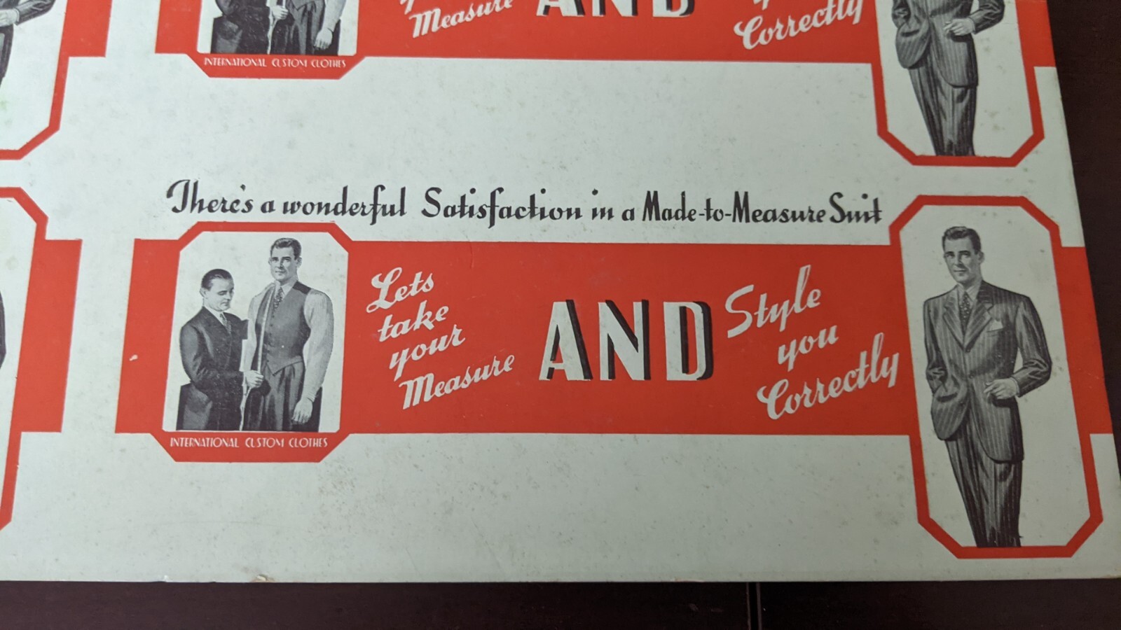 Vintage Suits Advertising Sign International Custom Clothes Cardboard 18″ long