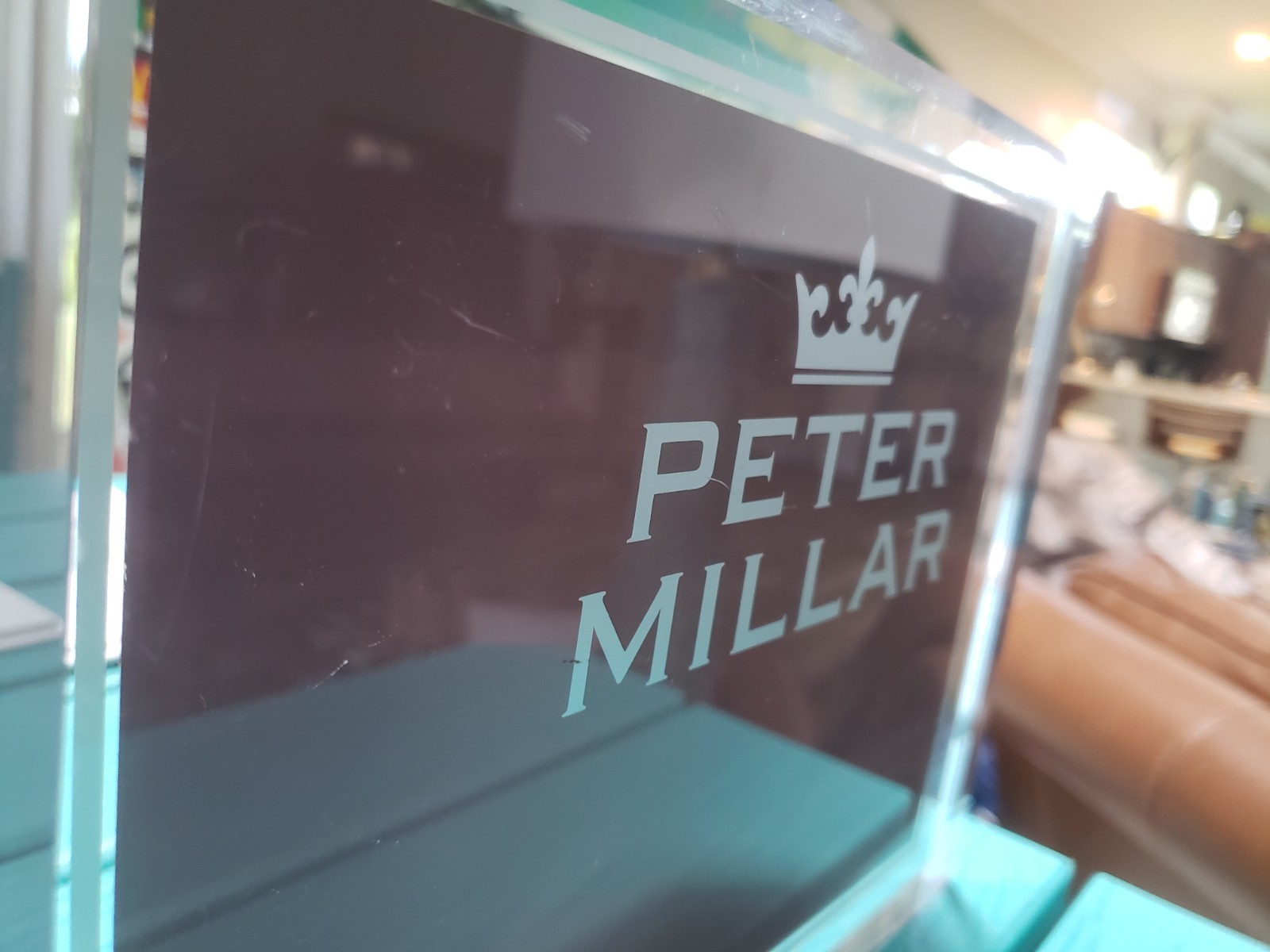 PETER MILLAR Lucite Store Advertising Countertop Display Sign Plaque 10x8x1 3/8