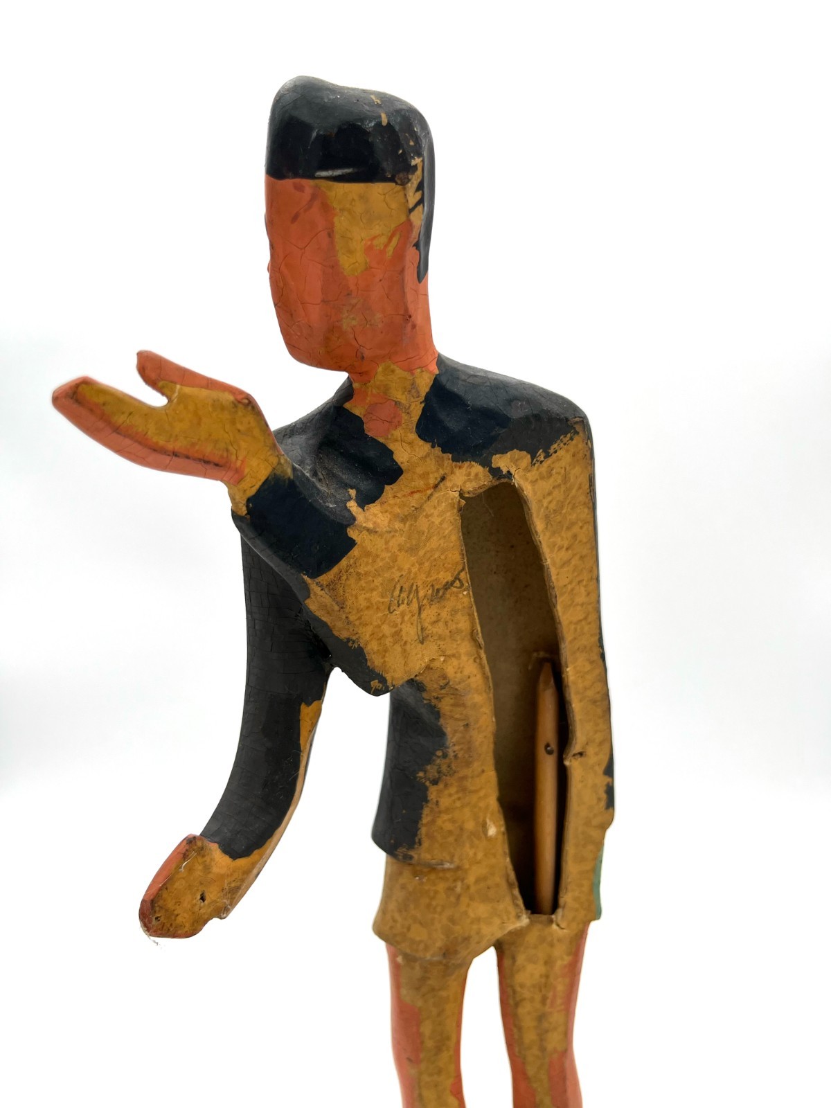 MCM Advertising Store Display Figure Signed Folk Art Man w Sock Garters 14″