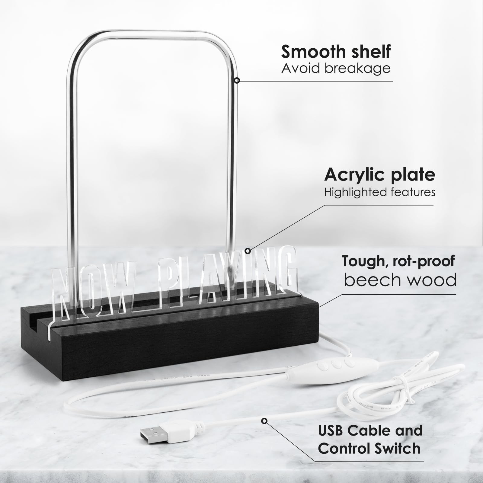 Woodoulogy Now Playing Vinyl Record Stand,Light Up Wooden Album Display Black