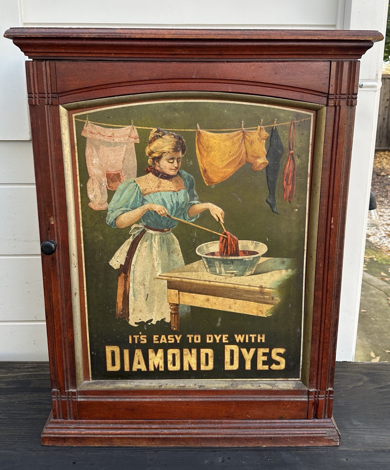 Antique Diamond Dyes Wash Lady Wood and Tin General Store Cabinet Sign