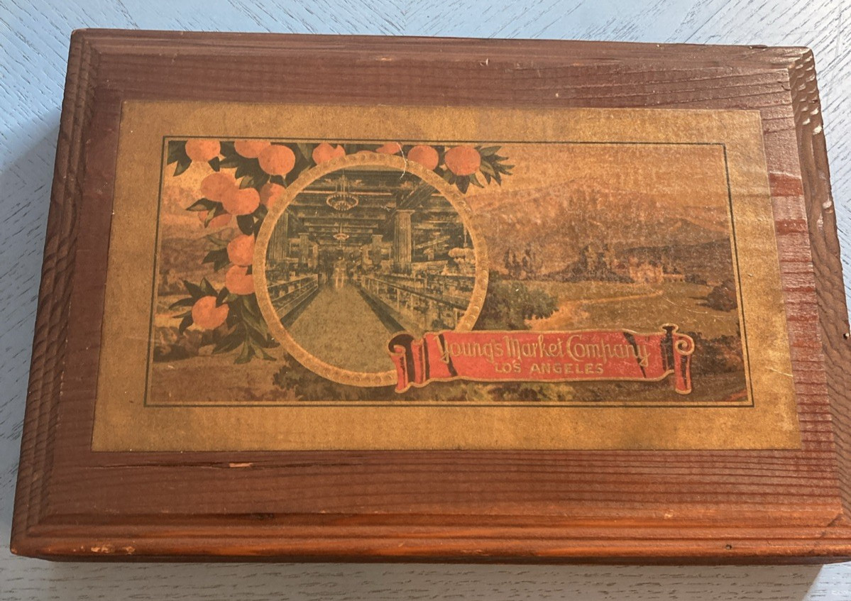 Vtg Young’s Market Company Los Angeles Wooden Advertisement Box 12×7.5×2 Decal