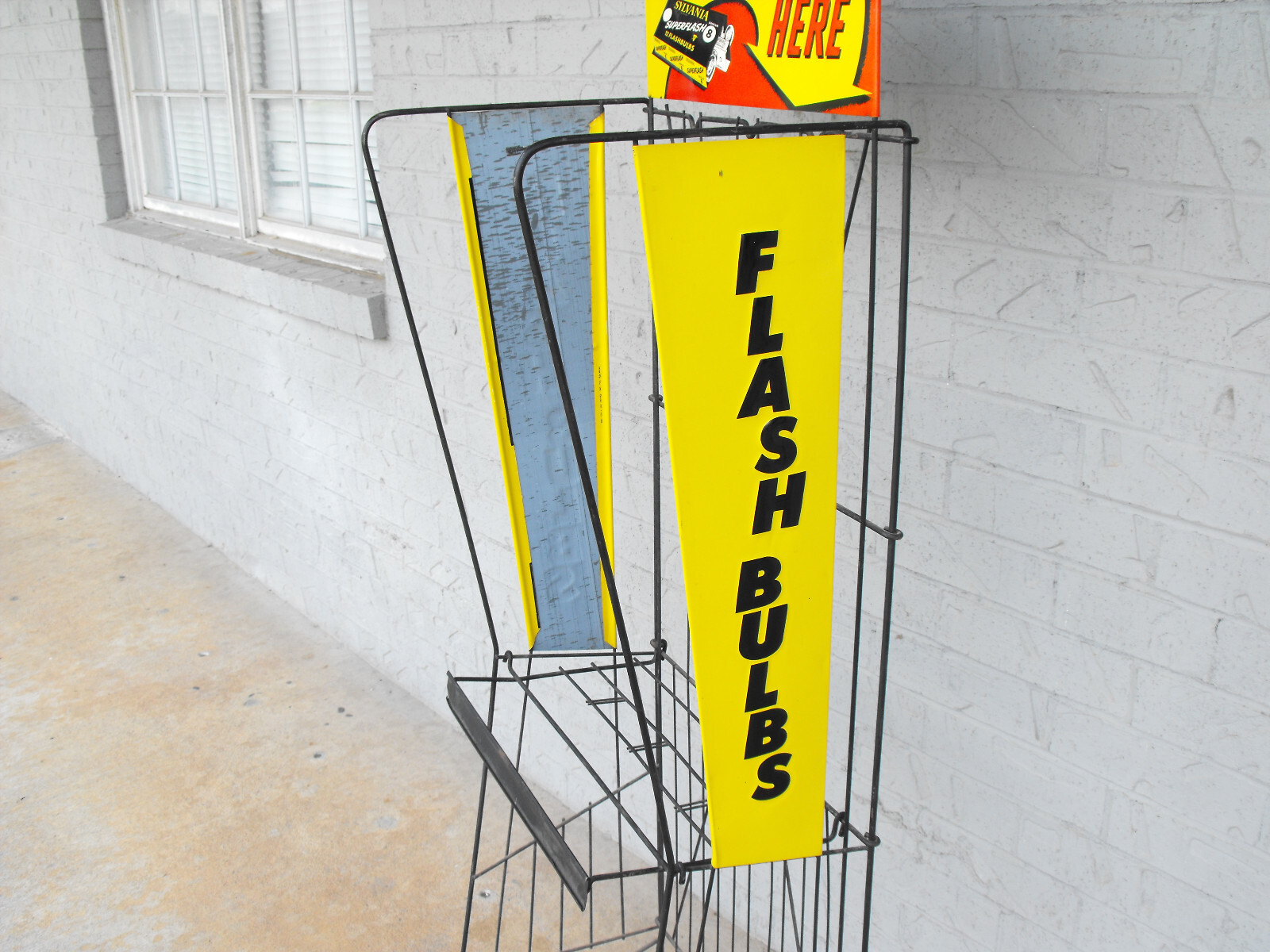 Vintage 60s Sylvania Flashbulbs Metal Display Rack Metal Sign 56″ Tall Folding
