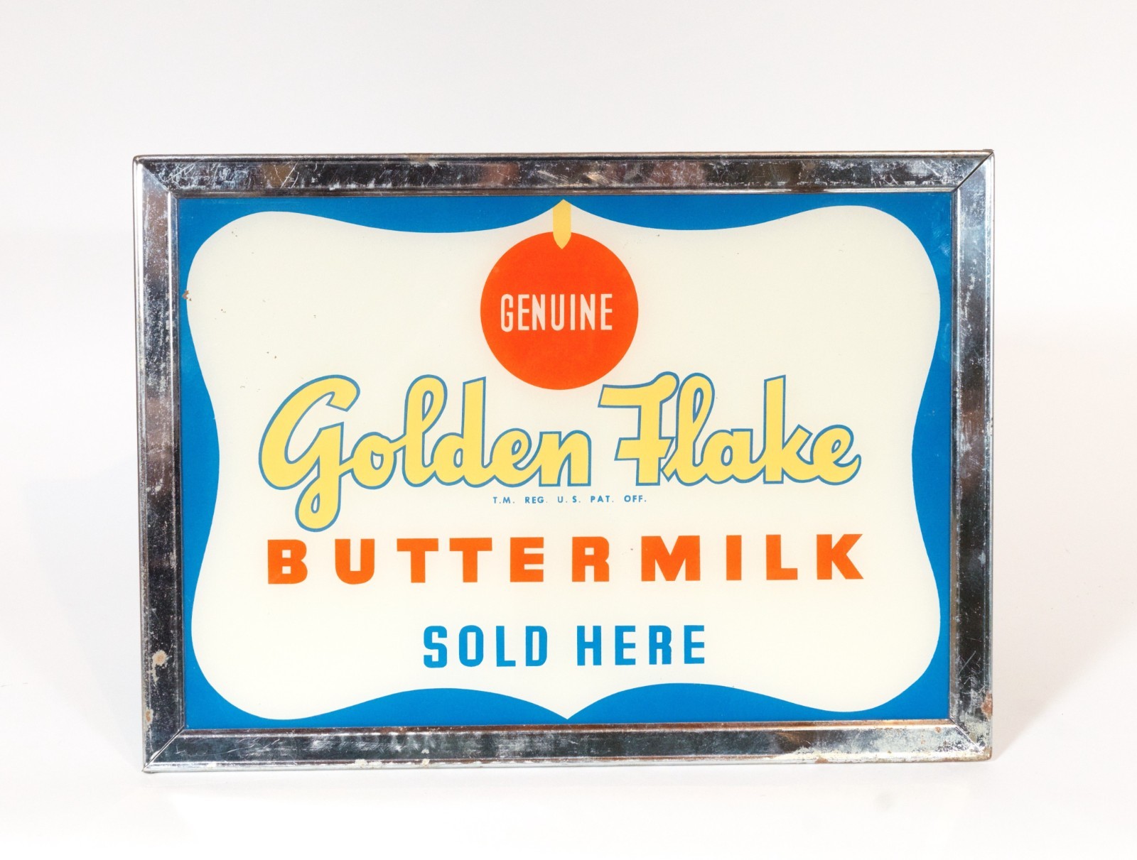 Vintage Golden Flake Buttermilk Reverse Painted Glass Dealer Sign * Lighted Box