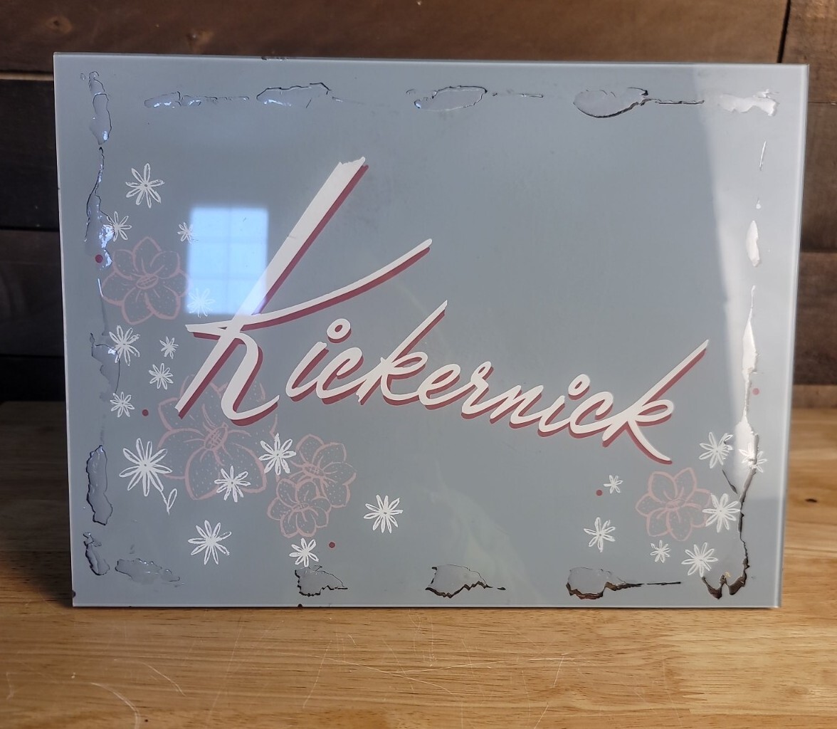 Vintage Kickernick Glass Advertisement Sign W/Wooden Base & Stand