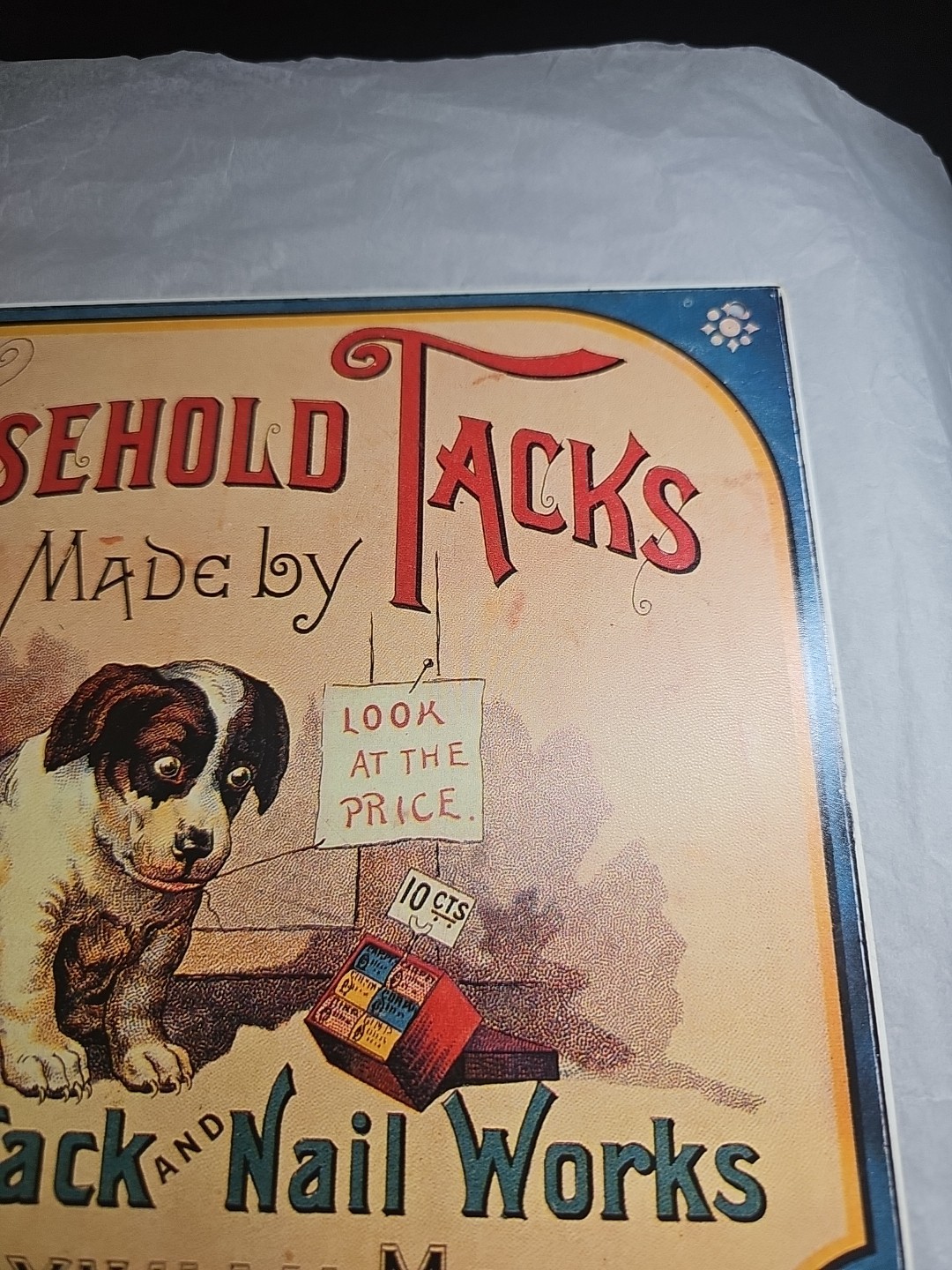 Rare Vintage Household Tacks The Diamond Tack And Nail Works Tin Metal Sign Dog