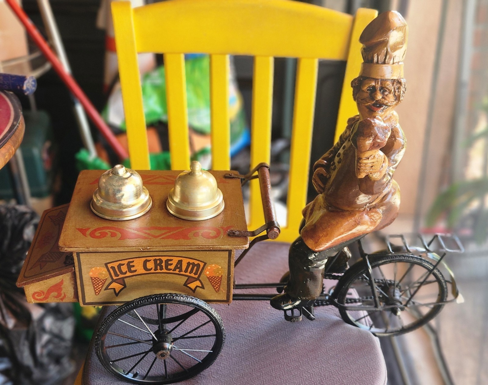 Rare HTF Metal & Wood Decorative Vintage Ice Cream 3 Wheel Bicycle n Cart+ Man