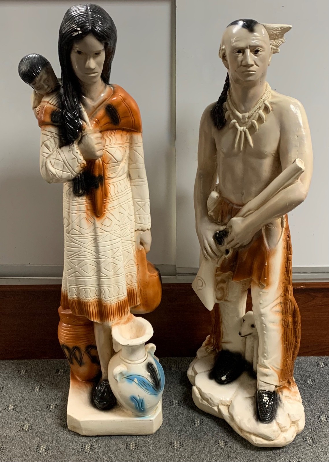 (2) VTG 35″ TALL NATIVE AMERICAN INDIAN CHALKWARE-PLASTER STATUES FIGURE MEXICO