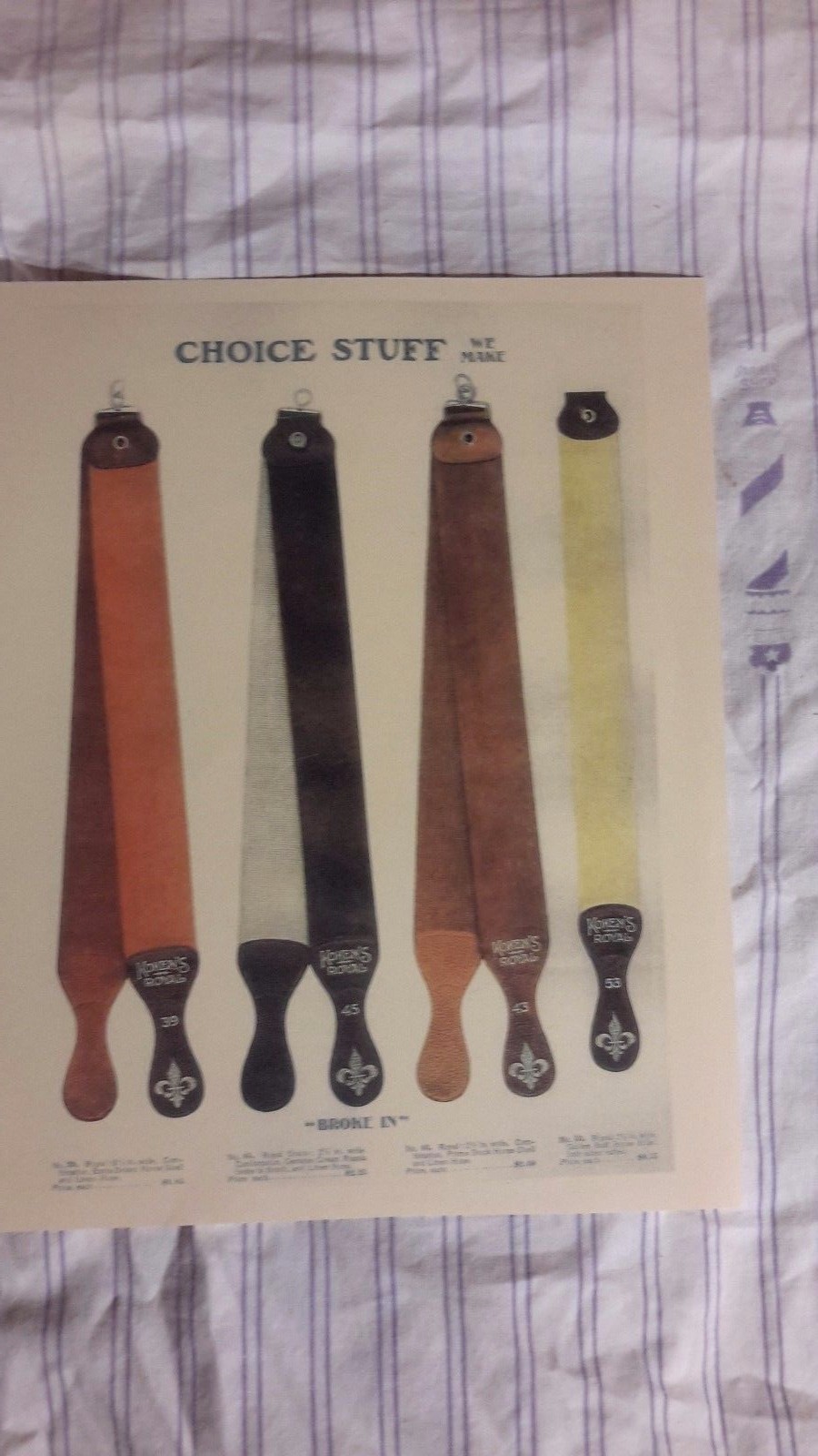 4 1912 KOKEN Vintage Barber LEATHER ROYAL RAZOR STROPS Color Sign Ad Prices