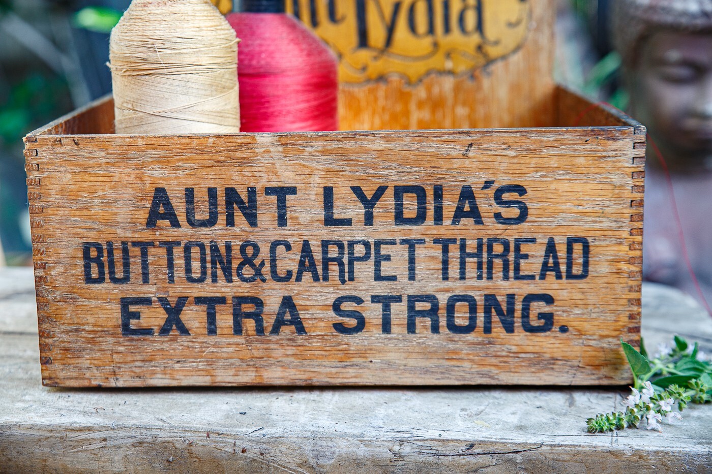 Vintage 1920s Wooden Ad Display Box Aunt Lydia’s Button & Carpet Thread