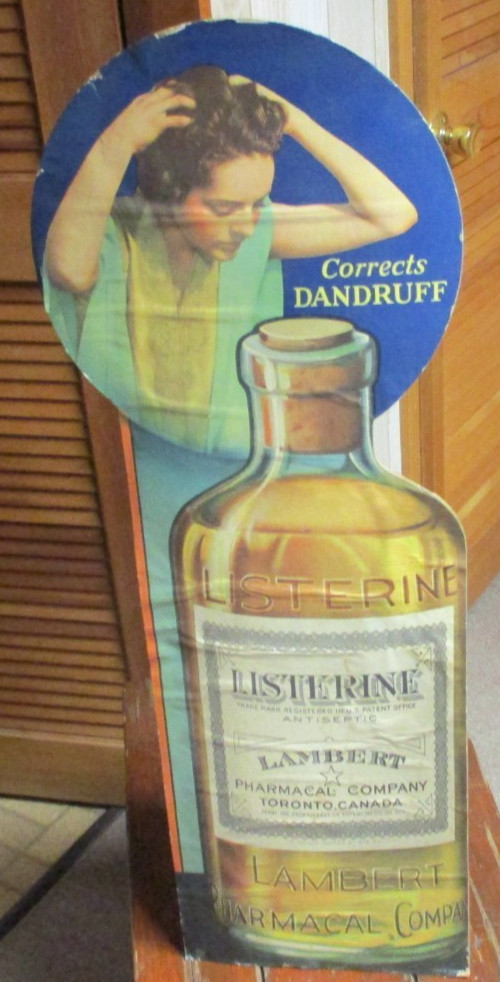 Rare Listerine Corrects Dandruff Cardboard Stand Up Country Store Counter Sign