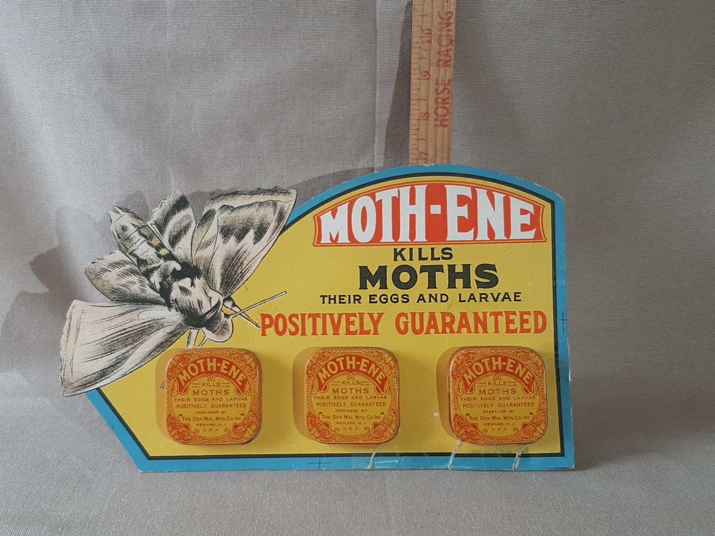 Vintage Diecut Cardboard Sign Store Display Moth-ene Moth Tin Cans mfg Newark NJ