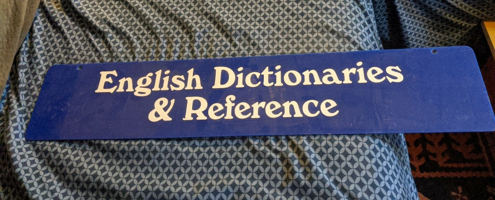 LARGE VTG SIGN ENGLISH DICTIONARIES REFERENCE BLUE WHITE 30X6 ADVERTISING STORE