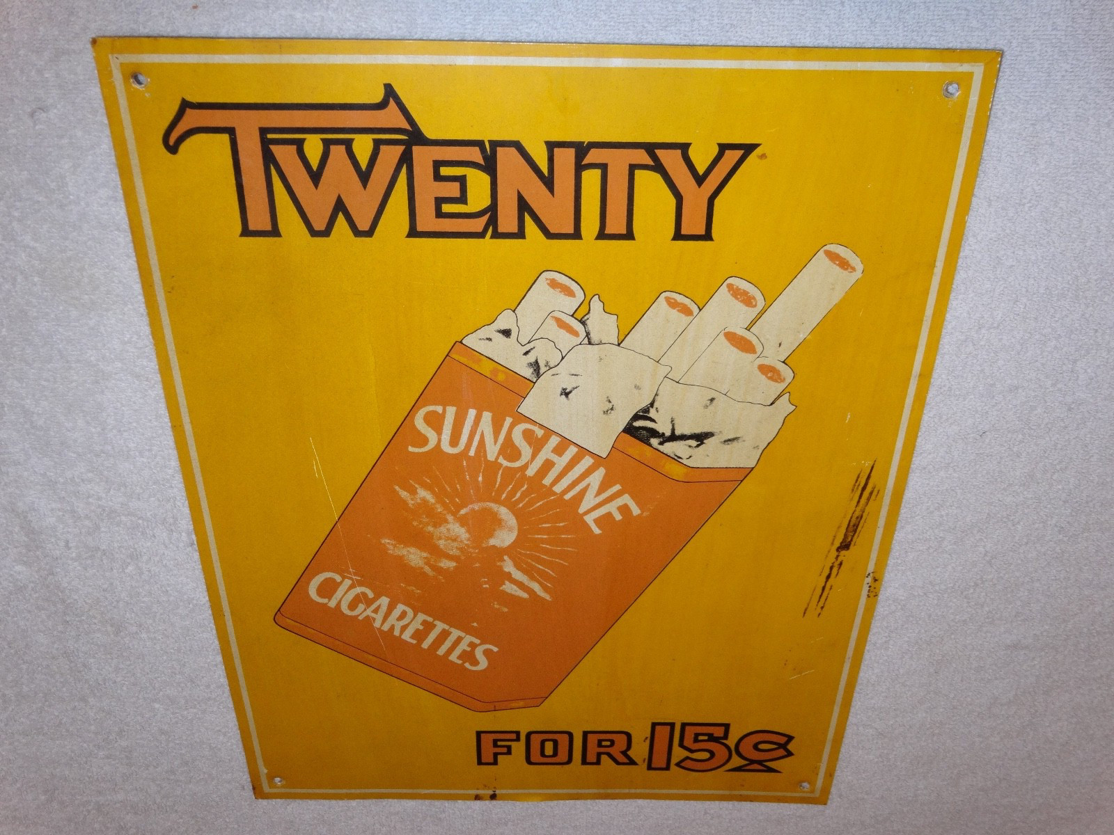 VINTAGE TWENTY SUNSHINE CIGARETTES FOR 15 CENTS 18″ X 13 3/4″ METAL TOBACCO SIGN