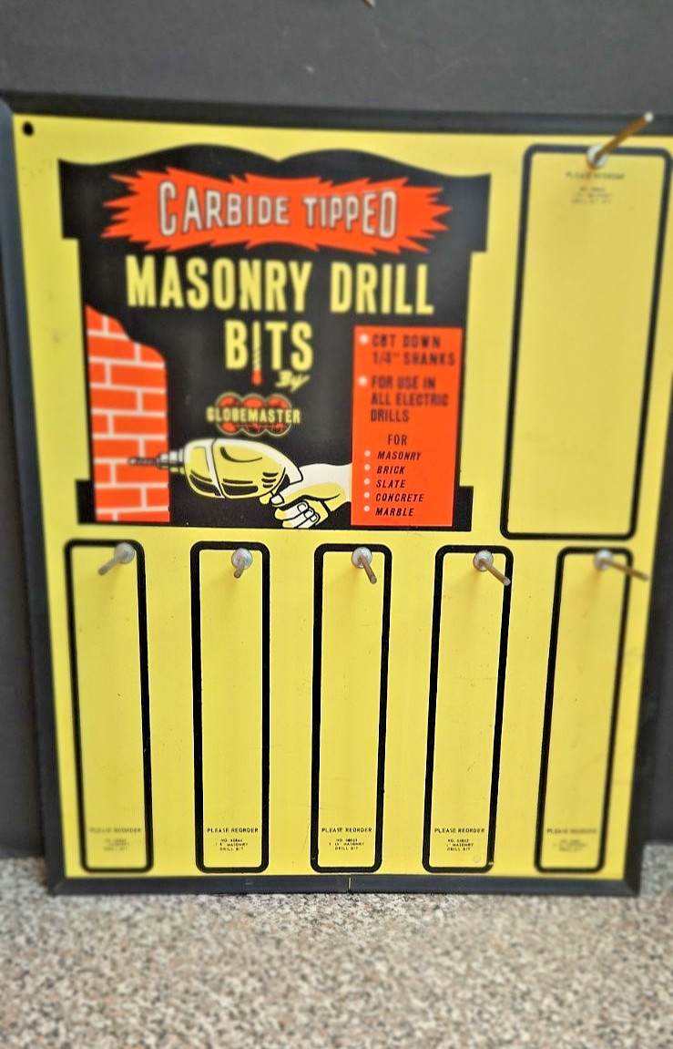 RARE VINTAGE 6o’s GLOBEMASTER DRILLBIT HARDWARE STORE DISPLAY SIGN